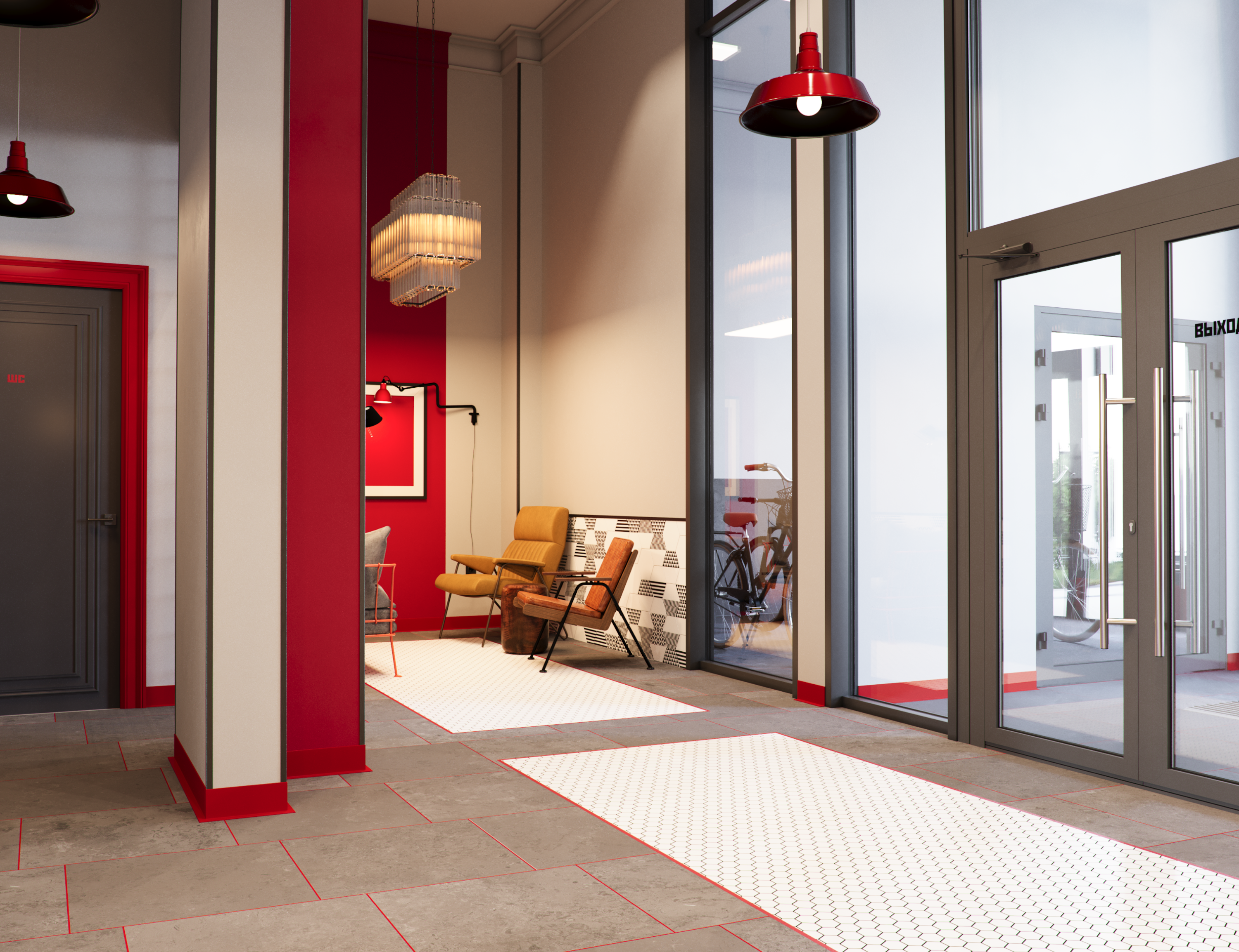 Мы хотим, чтобы жители чувствовали себя как дома уже со входа в подъезд. Витражное остекление и большие стеклянные двери наполняют холл светом. В мягкой зоне можно подождать друзей или такси. На первом этаже расположен санузел с мойкой для лап собак.